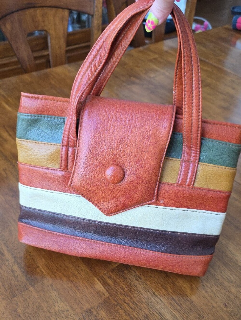 Vintage 1970s Vinyl Striped Multi-Color Tote - Rust, Cream, Green & Brown - Picture 12 of 12